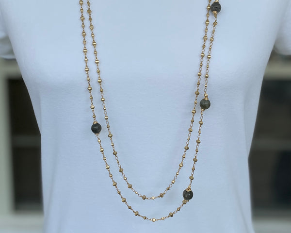 Long Double Layer Necklace with Gemstones