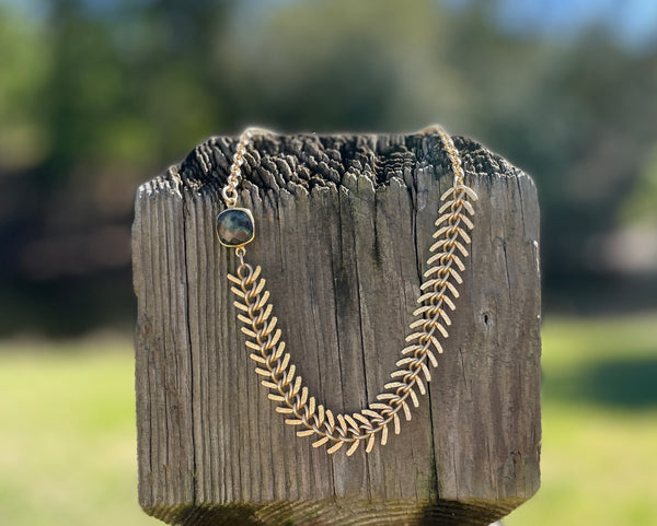 Gold Fishbone Necklace with Labradorite Pendant
