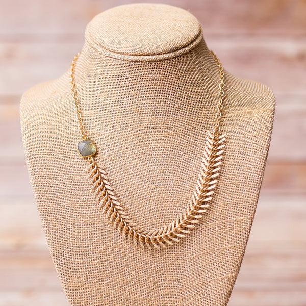 Fishbone Necklace with Labradorite Pendant - Handmade