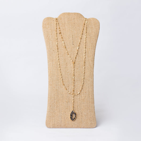Long Double Layer Lariat Necklace with Geode Pendant