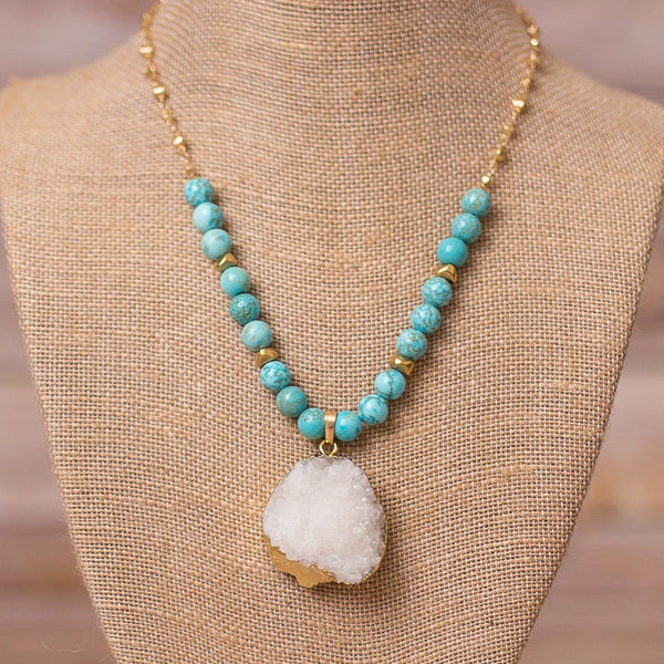 Beaded Necklace with Druzy Pendant - Swara Jewelry