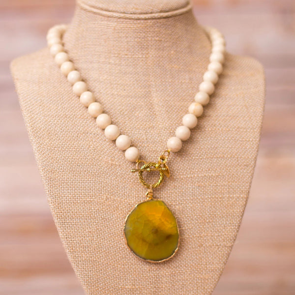 Fully Beaded Fossil Necklace with Agate Slab Pendant - Swara Jewelry