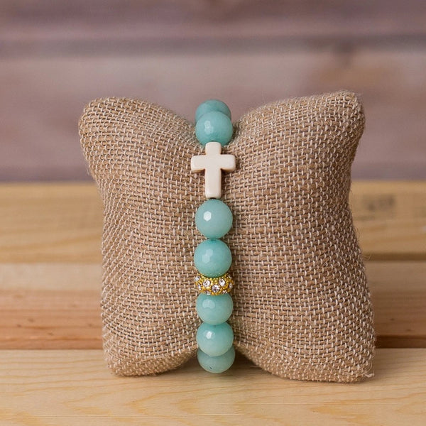 Gemstone Stretch Bracelet with Small Cross - Swara Jewelry