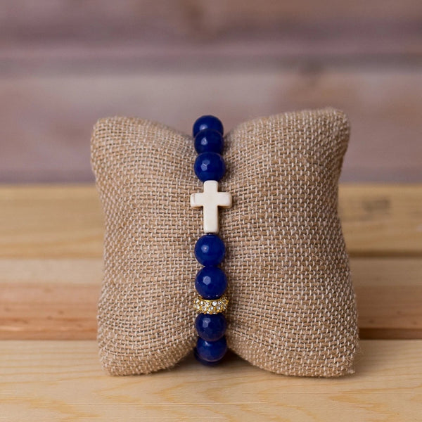 Gemstone Stretch Bracelet with Small Cross - Swara Jewelry