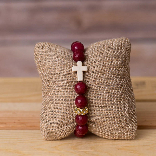 Gemstone Stretch Bracelet with Small Cross - Swara Jewelry