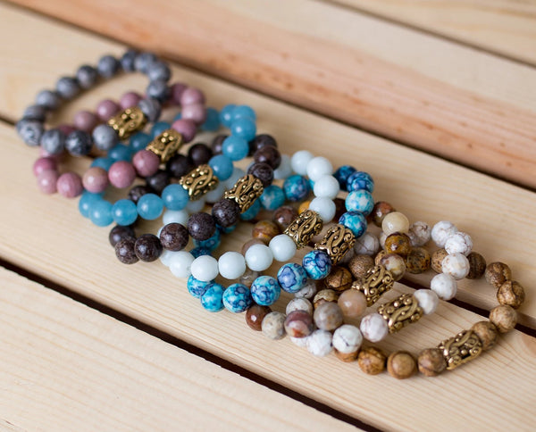 Gemstone Stretch Bracelet with Floral Spacer - Swara Jewelry