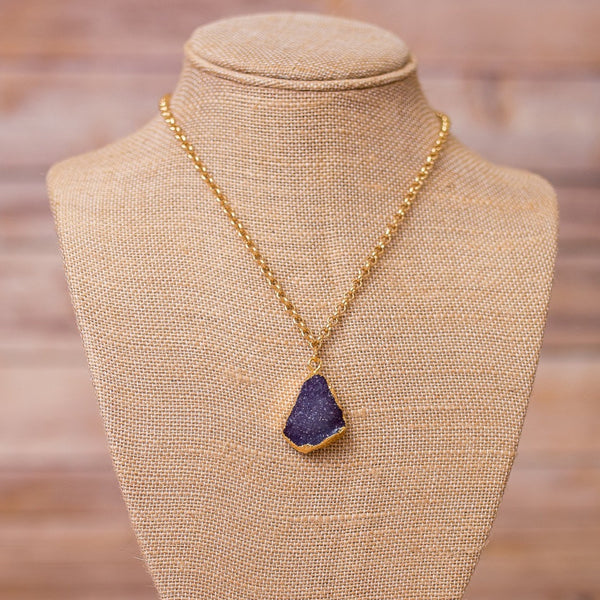 Gold Plated Necklace with Druzy Pendant - Swara Jewelry