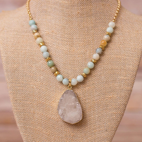 Gold Plated Necklace with Amazonite and Druzy - Swara Jewelry