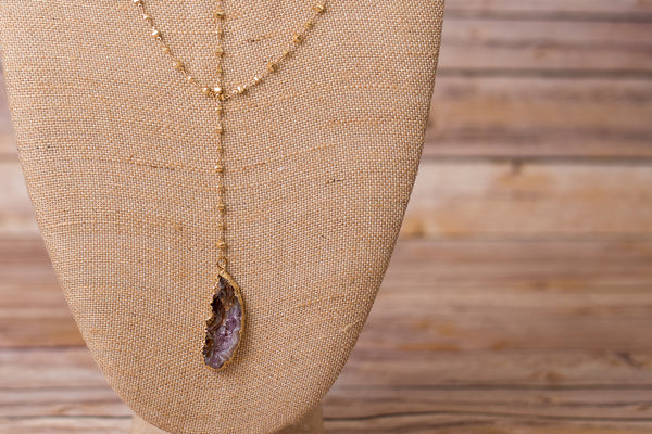 Double Layer Y Necklace with Geode Pendant - Swara Jewelry