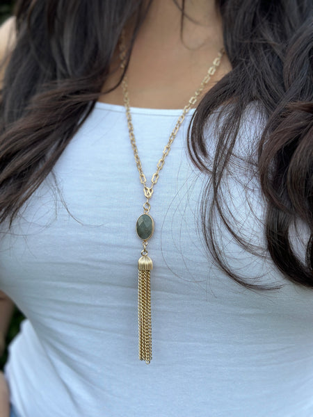 Gold Tassel Necklace with Gemstone