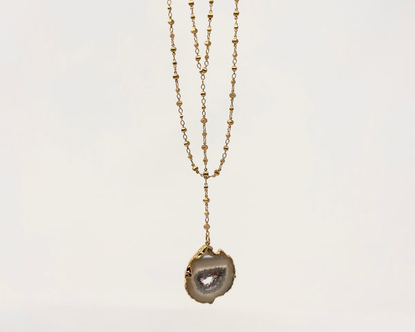 Long Double Layer Lariat Necklace with Geode Pendant