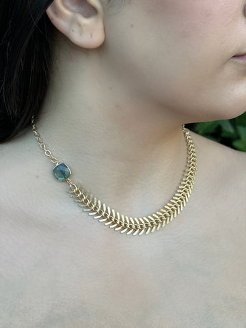 Gold Fishbone Necklace with Labradorite Pendant