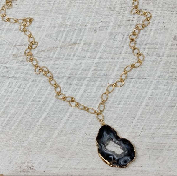 Matte Gold Long Necklace with Geode Pendant