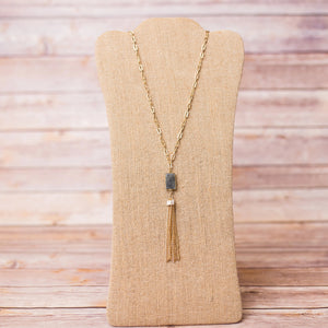 Gold Plated Necklace with Tassel and Labradorite Pendant - Swara Jewelry