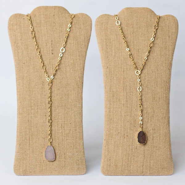 Lariat Necklace with Druzy Pendant - Swara Jewelry