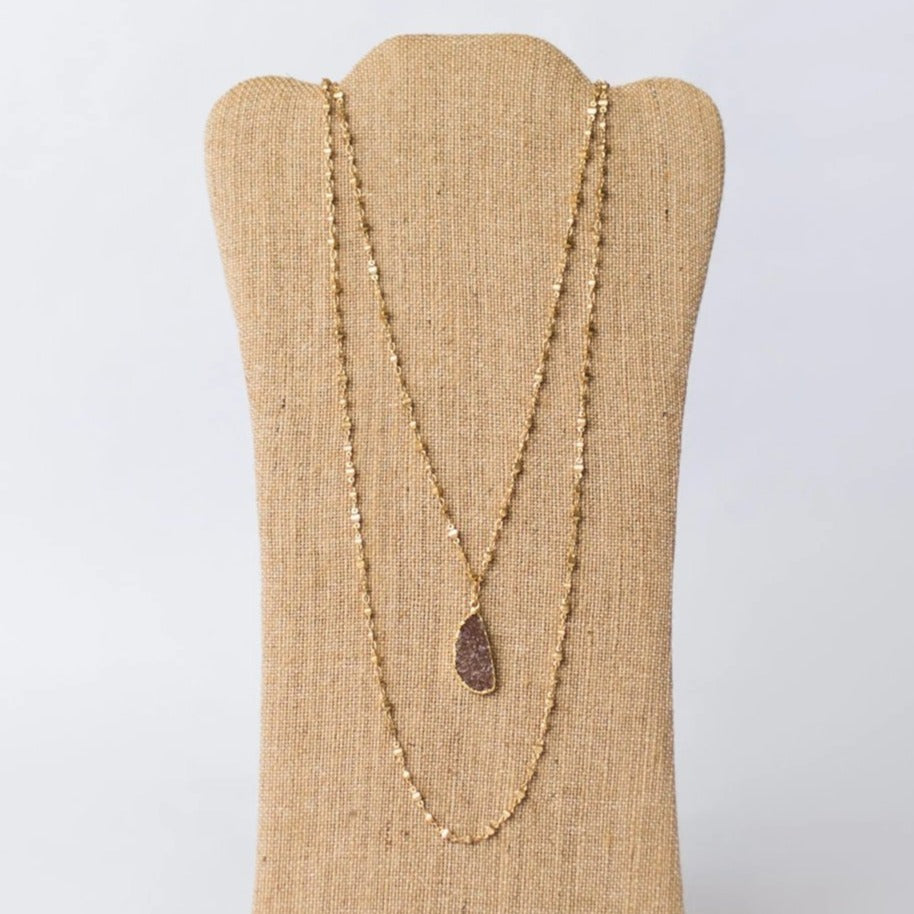 Double Layer Gold Plated Necklace with Druzy Pendant - Swara Jewelry