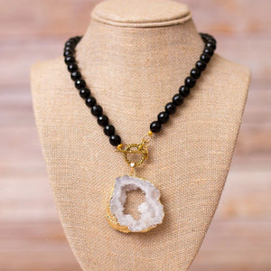 Full Beaded Agate Necklace with Large Druzy Pendant - Swara Jewelry