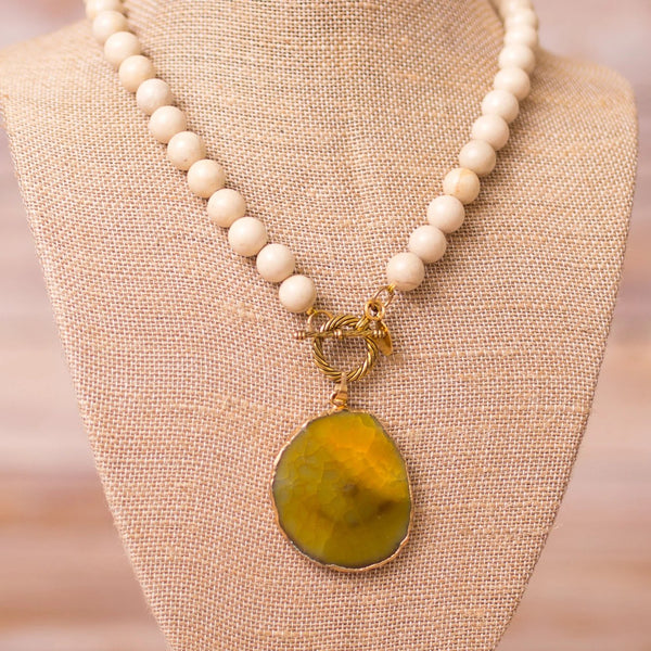 Fully Beaded Fossil Necklace with Agate Slab Pendant - Swara Jewelry