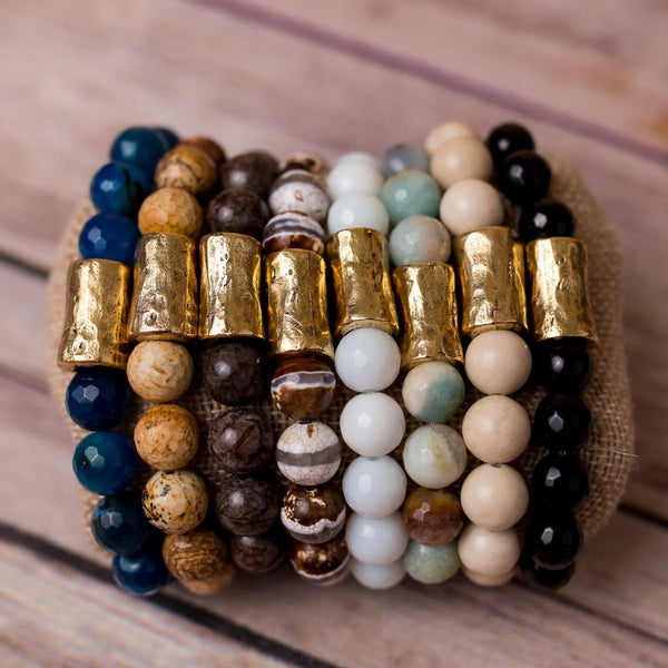 Beaded Stretch Bracelet Natural Gemstones Large Nugget Spacer - Swara Jewelry