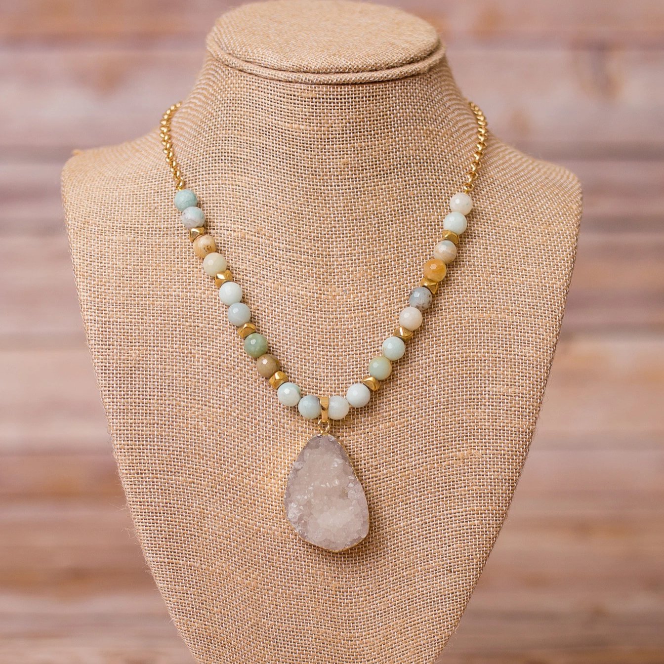 Gold Plated Necklace with Amazonite and Druzy - Swara Jewelry