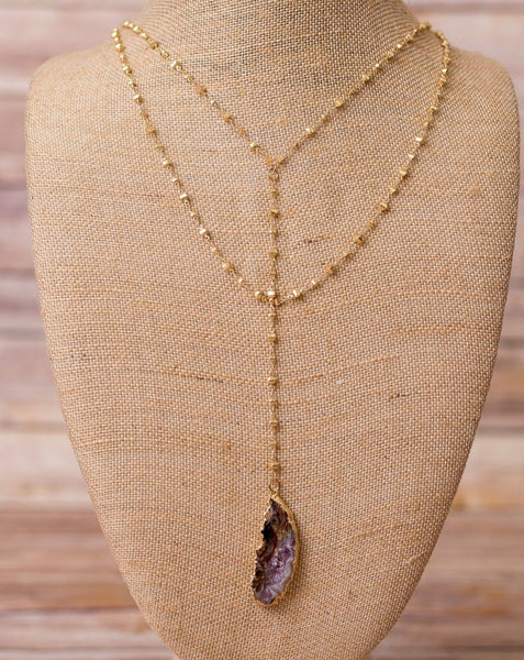 Double Layer Y Necklace with Geode Pendant - Swara Jewelry