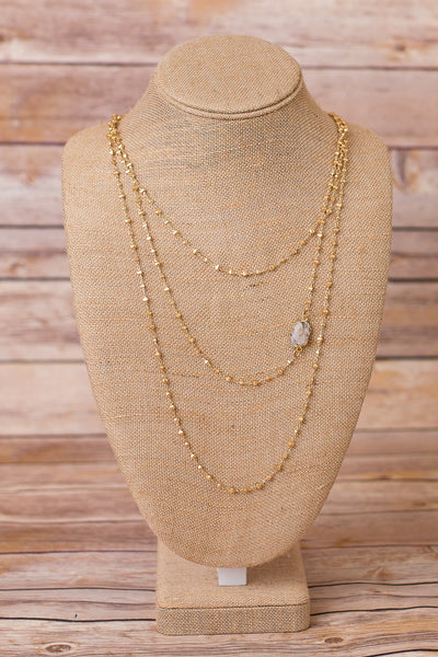 Triple Strand Layered Necklace with Druzy Pendant - Swara Jewelry