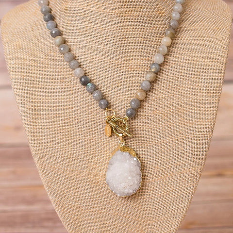 Fully Beaded Labradorite Necklace with Druzy Pendant - Swara Jewelry