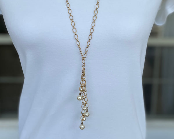 Long Gold Triple Drop Pearl Lariat Necklace